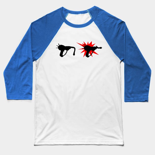Zombie Pack-a-Punched Ray Gun on Light Blue Baseball T-Shirt by LANStudios